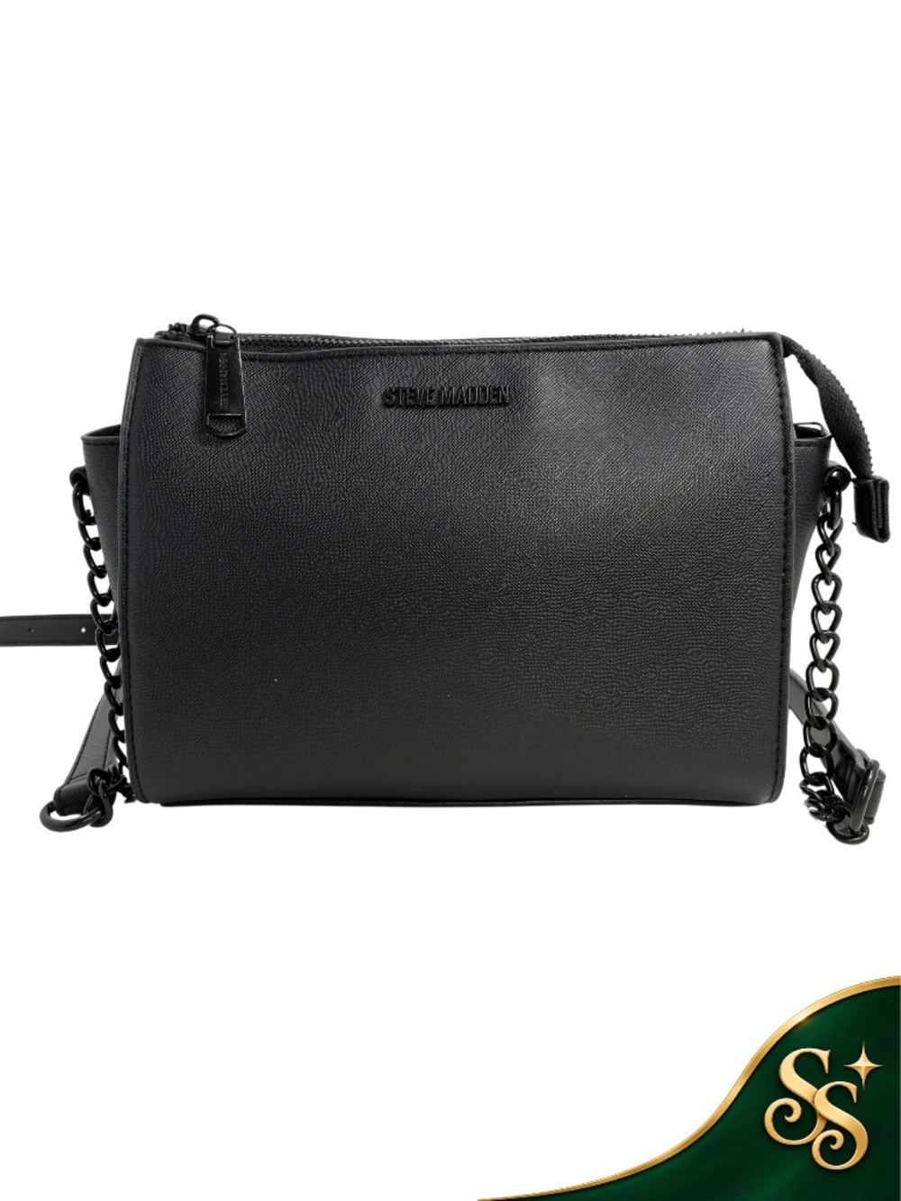 Black Crossbody Bag Steve Madden Saffiano Chain Strap Zip Top Shoulder Purse